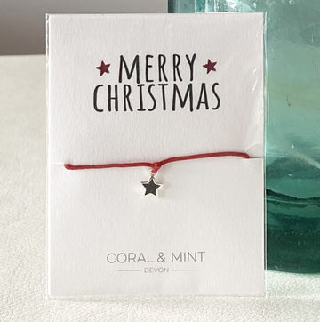 Merry Christmas - Black star charm with red string Coral and Mint
